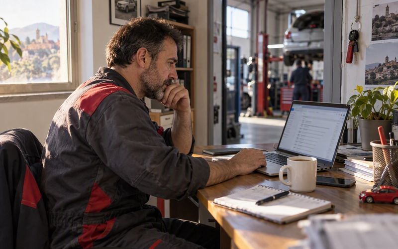 Dueño de un taller mecánico revisando el correo en el portátil por la mañana