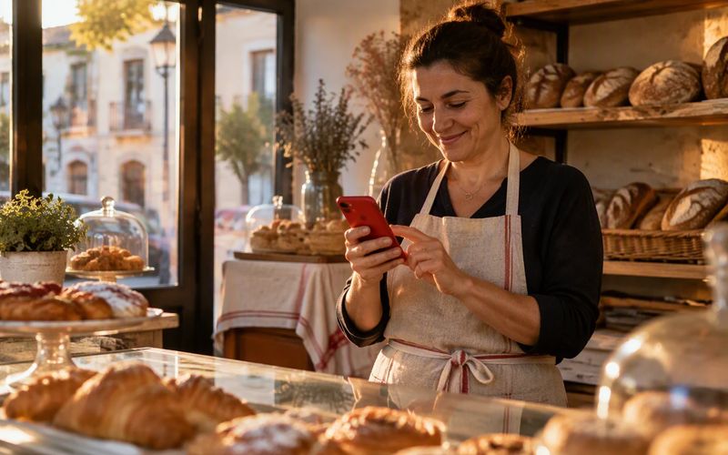 Dueña de una panadería aprobando una publicación desde el móvil al atardecer