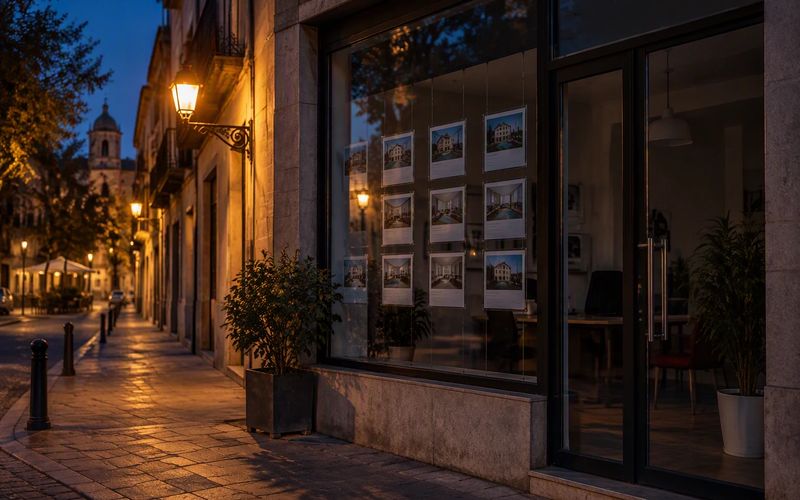 Escaparate de un negocio cerrado, de noche, en una calle tranquila